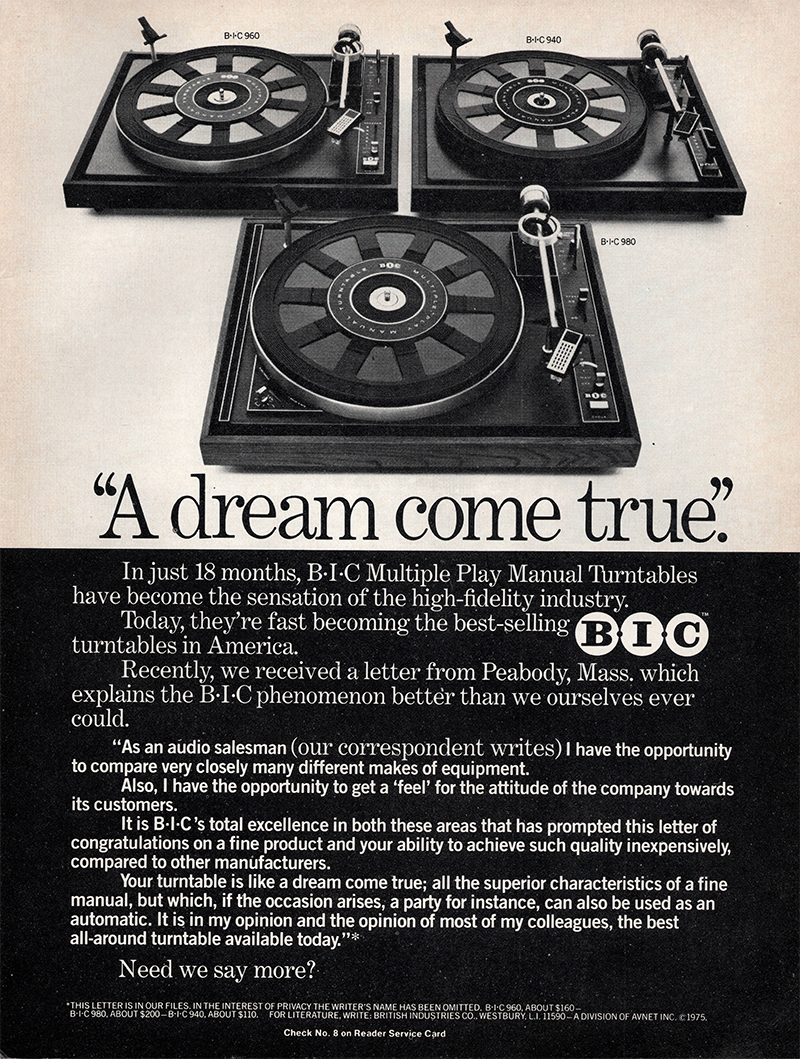 BIC advertisement in Audio, February 1976
