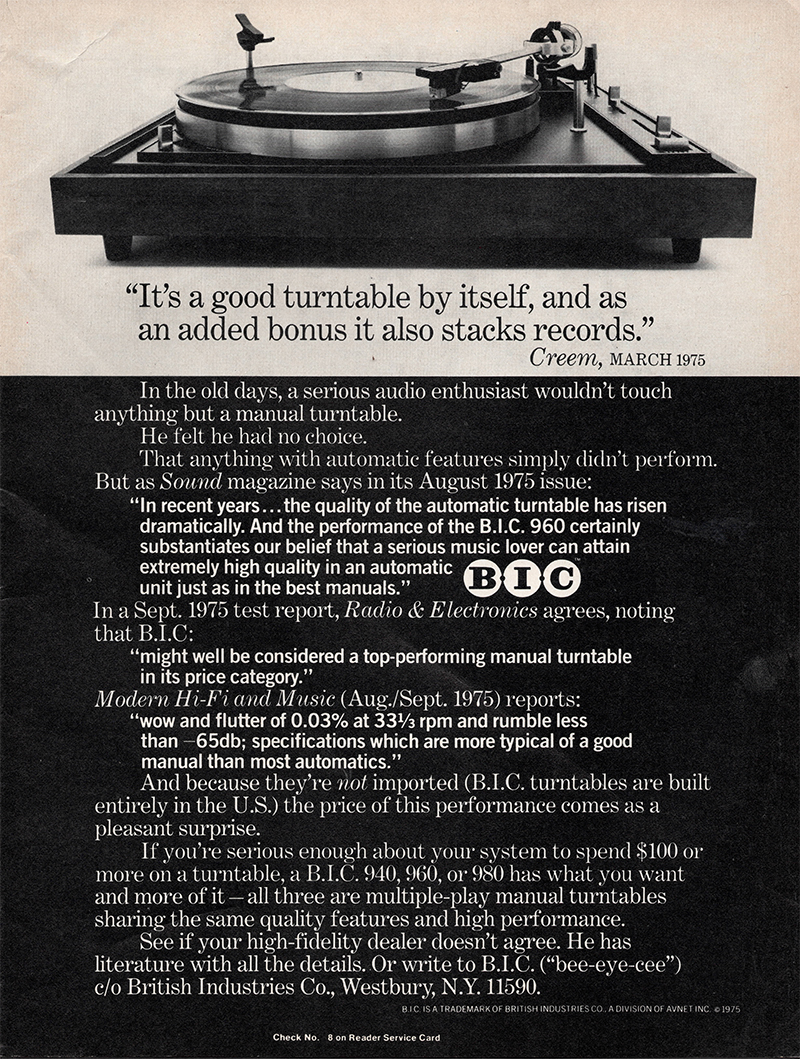 BIC advertisement in Audio, June 1976