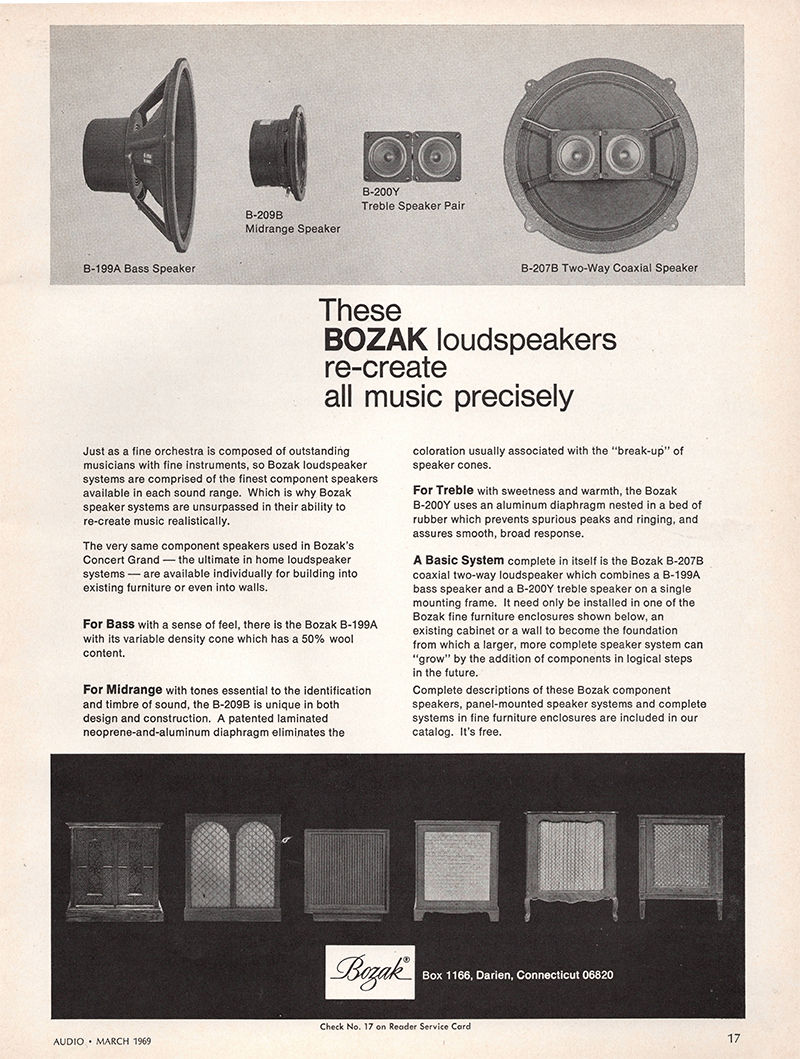 Bozak advertisement in Audio, March 1969