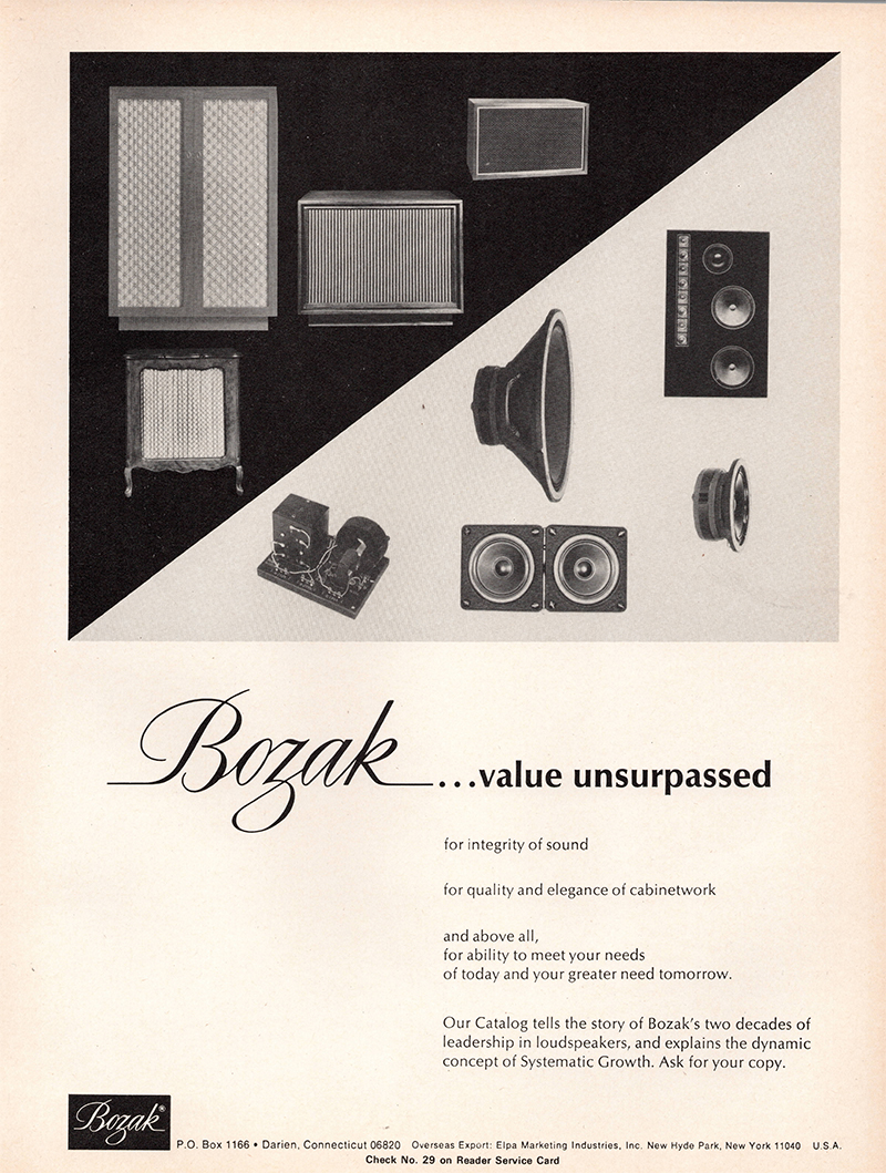 Bozak advertisement in Audio, February 1971