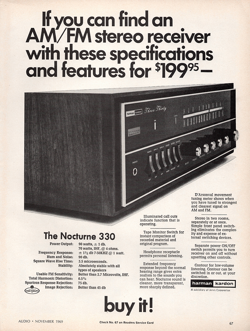 Harman Kardon advertisement in Audio, November 1969