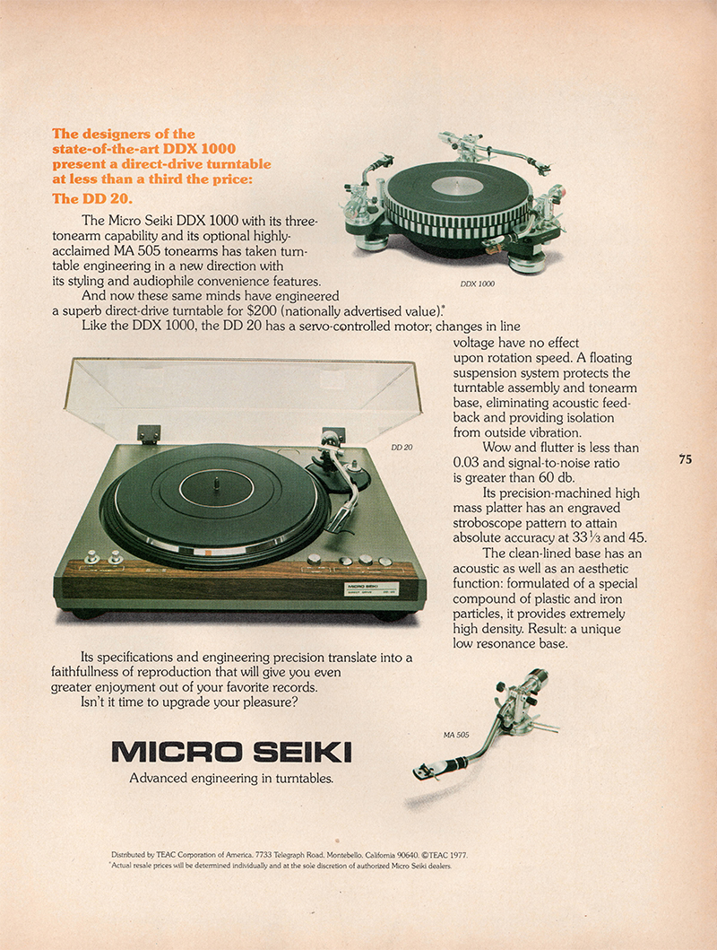 Micro Seiki advertisement in Audio, October 1977