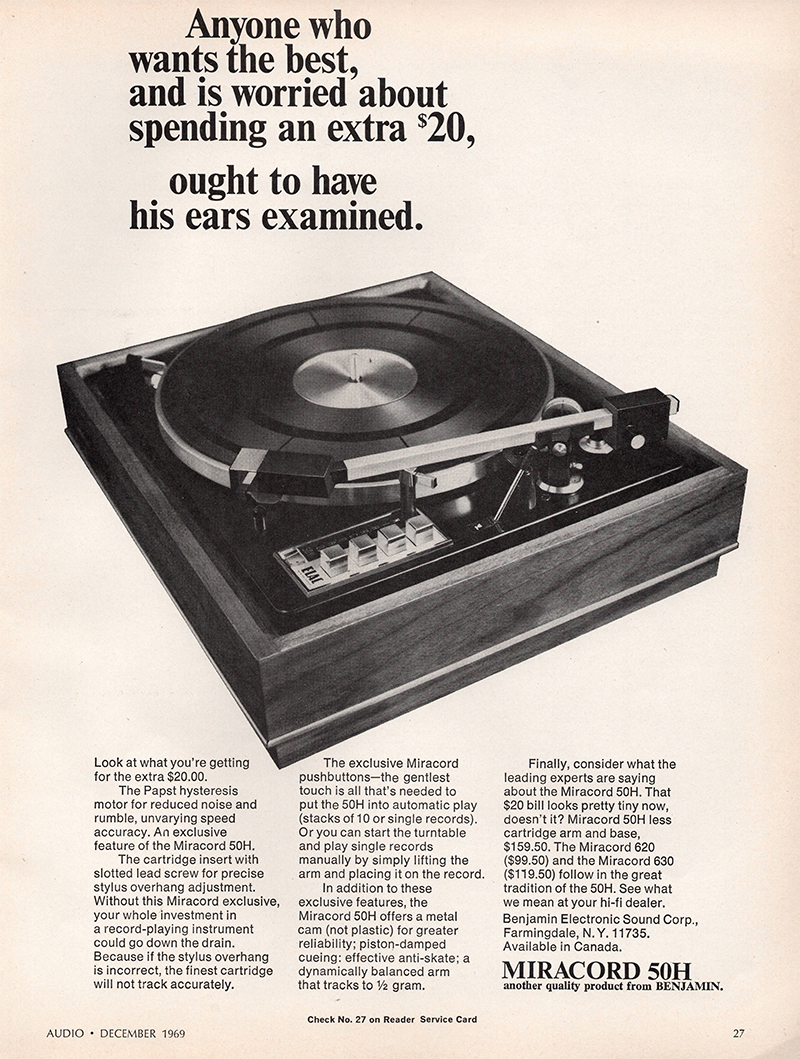 Miracord advertisement in Audio, December 1969