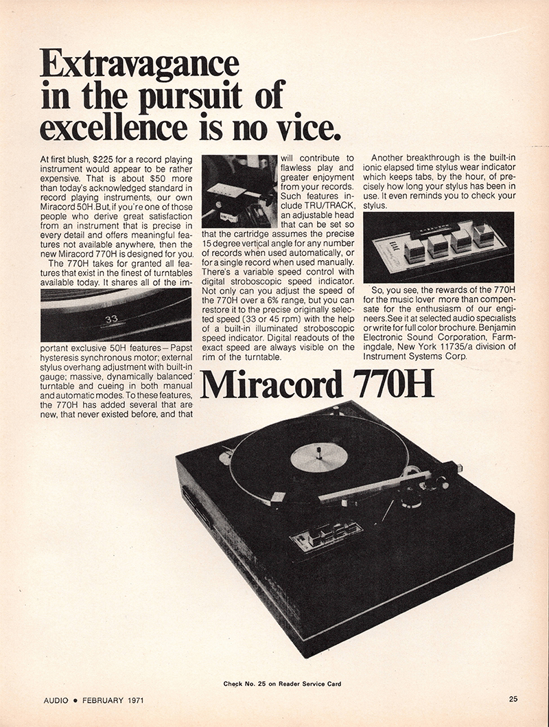 Miracord advertisement in Audio, February 1971