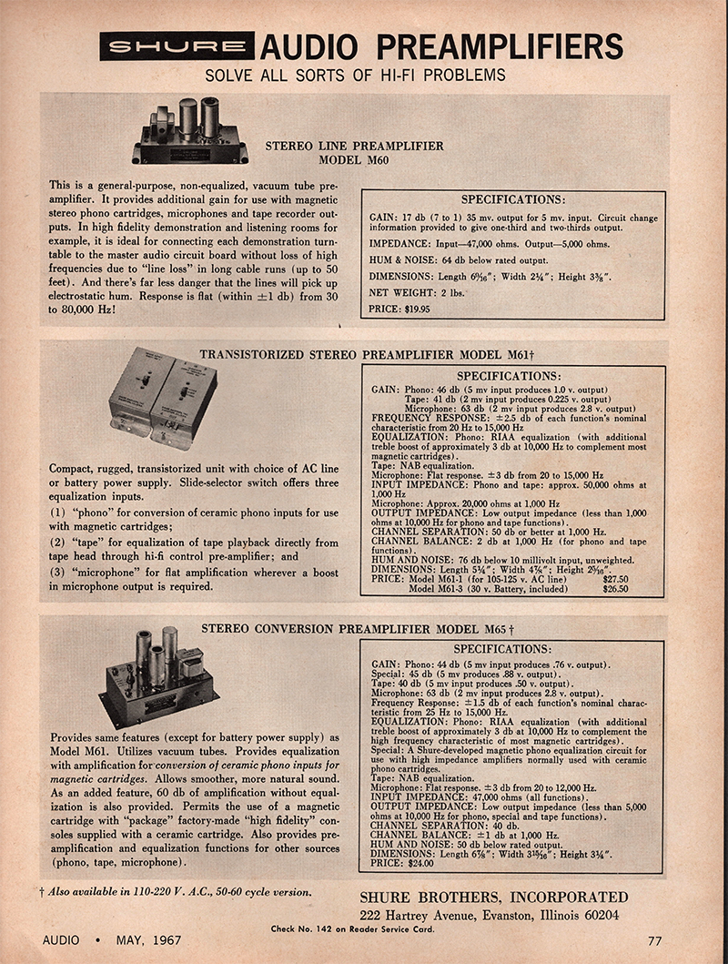 Shure advertisement in Audio, May 1967